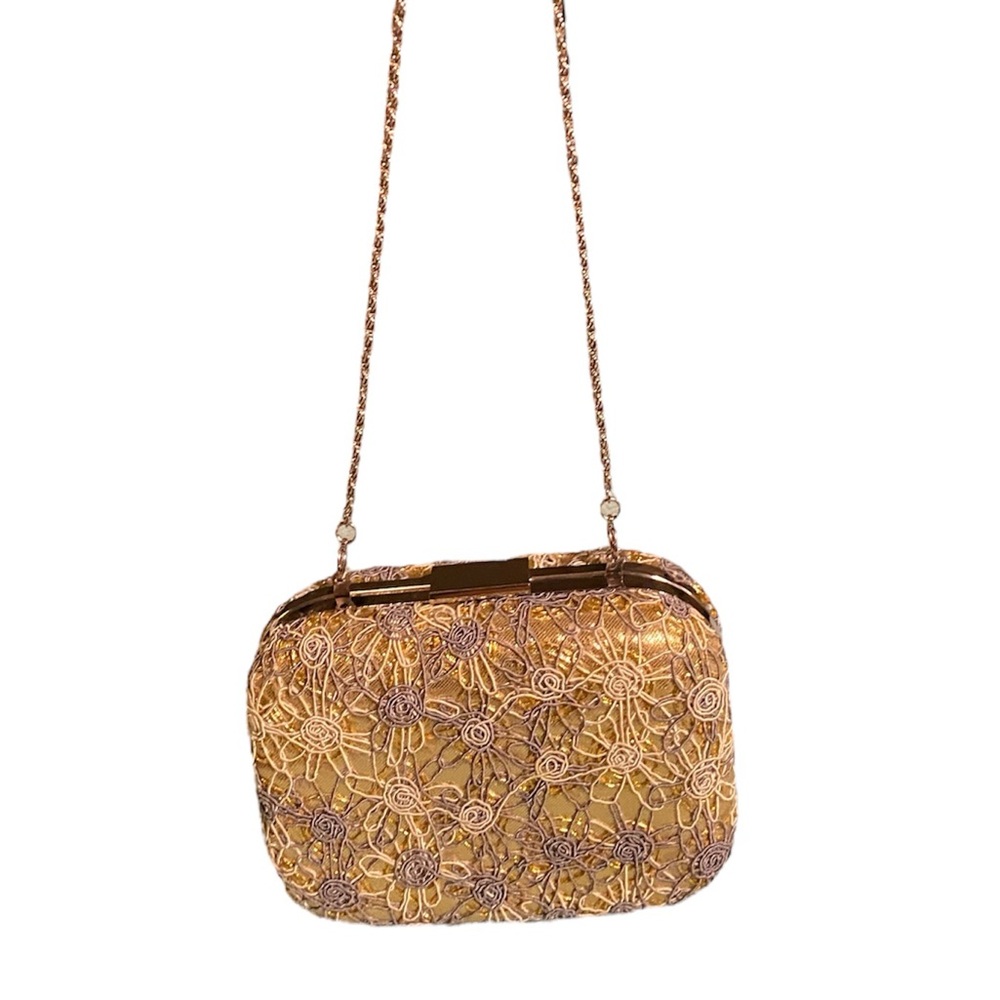 Vintage Expression NYC Gold Beaded Shell Handbag with Metallic Floral Design